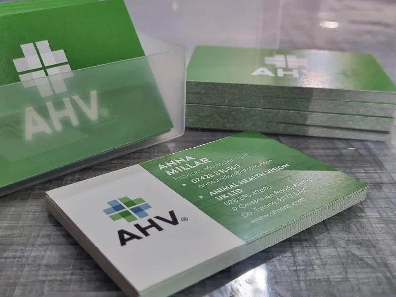 Animal Health Vision business cards printed in green and white, stacked on a desk.